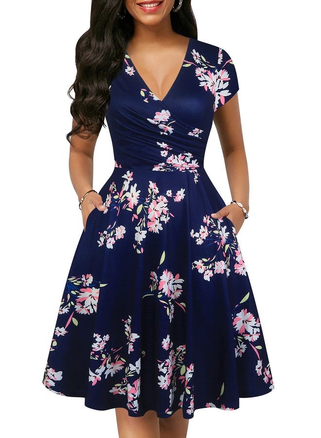 oxiuly Women's Chic Cross V-Neck Cap Sleeve Casual Summer Dress with Pockets Floral Flare A Line Party Tea Dresses OX296 (XXL, NB PinkF) - Image 1